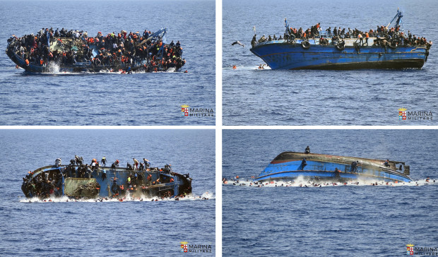COMBO - In this four-picture combo people try to jump in the water right before their boat overturns off the Libyan coast, Wednesday, May 25, 2016. The Italian navy says it has recovered a few bodies from the overturned migrant ship off the coast of Libya, while some 500 migrants who were on board were rescued safely. (Italian navy via AP Photo)