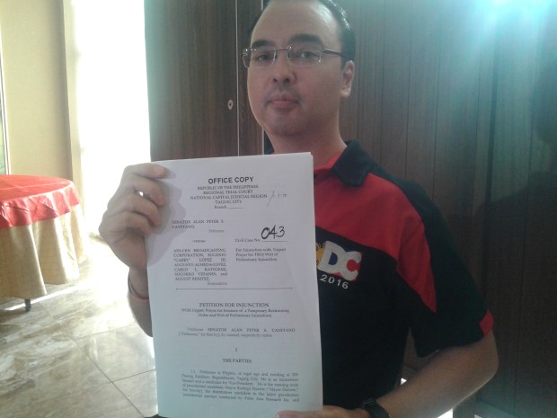 Sen. Alan Peter Cayetano files a petition seeking a temporary restraining order on the airing of a political advertisement against Davao City Mayor Rodrigo Duterte in the Taguig Regional Trial Court on Friday.
