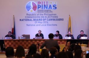 NBOC COMMAND CENTER / MAY 18, 2016 Comelec chairman Andres Bautista smiles as Atty. Romeo Macalintal congratulates and acknowledges the comelec's efforts for a job well done in conducting the elections as the NBOC completed the canvassing  on Wednesday, May 18, 2016. INQUIRER PHOTO / GRIG C. MONTEGRANDE