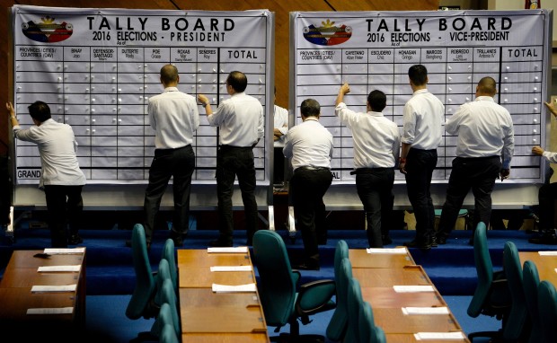 House of Representatives and Senate tribunal staff prepare the tally board during the presidential and vice-presidential canvassing of votes at the session hall of House of Representatives in Manila on May 25, 2016.  Incoming Philippine president Rodrigo Duterte has launched a series of obscenity-filled attacks on the Catholic Church, branding local bishops corrupt "sons of whores" who are to be blamed for the nation's fast-growing population. / AFP PHOTO / NOEL CELIS