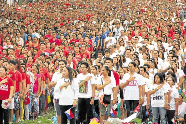 THOUSANDS of Duterte supporters gather at the Crocodile Park in Davao City and sing the national anthem during a rally for the incoming leader on May 7. BARRY OHAYLAN/CONTRIBUTOR