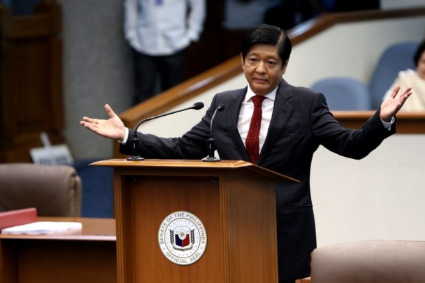 Vice-Presidential candidate Bongbong Marcos slams the Smartmatic for changing a script on the transparency server of the PPCRV as he delivers a privilege speech at the resumption of the Senate session on Monday, May 23, 2016 RICHARD A. REYES