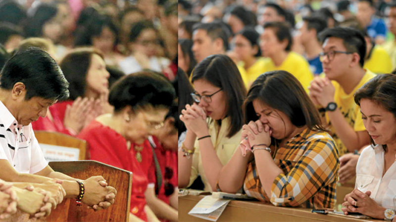ENLISTING GOD’S HELP Sen. Ferdinand “Bongbong” Marcos Jr. and his mother, former first lady and Ilocos Norte Rep. Imelda Marcos (left photo),  hear Mass in Baclaran, Parañaque, while his vice presidential rival, Camarines Sur Rep. Leni Robredo, and her daughters attend Mass at Ateneo de Manila University’s Church of the Gesu in Quezon City. JILSON SECKLER TIU AND GRIG C. MONTEGRANDE