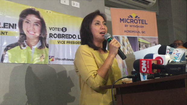 Administration vice presidential candidate Leni Robredo in a press conference at the Microtel Acropolis in Quezon City. JULLIANE LOVE DE JESUS/INQUIRER.net