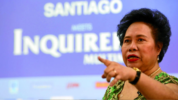 Presidential candidate Senator Miriam Defensor Santiago gestures during the Meet the Inquirer Multimedia at the paper's office in Makati City, May 3, 2016. INQUIRER PHOTO / NINO JESUS ORBETA