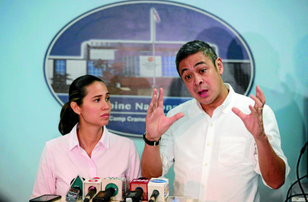 CYBER THEFT VICTIMS / JUNE 8, 2016 Anthony Pangilinan and espouse Maricel Laxa-Pangilinan recounts to media in a press briefing on Wednesday, June 8, 2016 in Camp Crame , Quezon City, what transpired during an entrapment operation wherein suspect Myca Acobo Aranda was arrested as she posed as either celebrity Maricel Laxa-Pangilinan or her children to extort money from friends and supporters of the Pangilinan family.  INQUIRER PHOTO / GRIG C. MONTEGRANDE