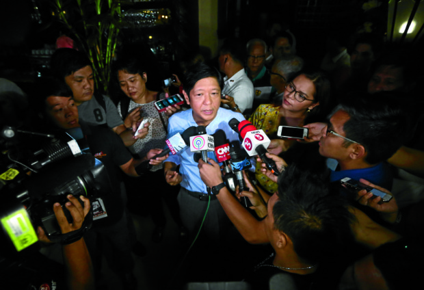 SEN. MARCOS / JUNE 11, 2016 Losing vice presidential candidate Senator Ferdinand "Bongbong" Marcos Jr. answers question from the reporters after a news forum at a restaurant in Quezon City, June 11, 2016. (FOR LEILA SALAVERRIA STORY) INQUIRER PHOTO / NINO JESUS ORBETA
