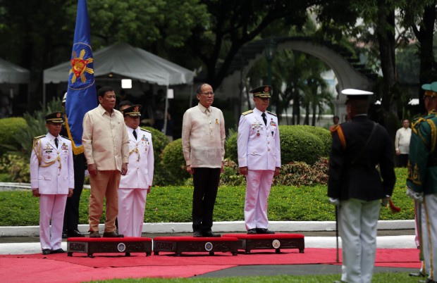 Departure honors is being accorded to outgoing President Bengino S. Aquino III at the Malacañan Place Grounds before his successor, President-elect Rodrigo Roa Duterte, takes his oath of office. President Aquino goes straight to his residence at Times Street in Quezon City on board a private vehicle after the honors. MALACAÑANG POOL PHOTO