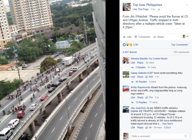 This photo shows Thursday's vehicle collision along C5 Ortigas flyover as seen from above. SCREEN GRAB FROM TOP GEAR PHILIPPINES FACEBOOK PAGE