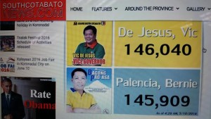 This screengrab of the www.southcotabatonews.com shows the images of South Cotabato Vice Governor-elect Vic de Jesus and his defeated rival, South Cotabato Board Member Bernie Palencia, and the late stage count of votes in the province's vice gubernatorial race.  De Jesus was eventually declared winner by a margin of 1,144 votes.  Palencia has filed an election protest, alleging cheating. (Screengrab from the www.southcotabatonews.com)