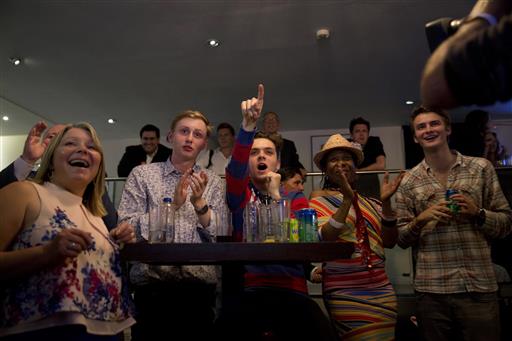 Leave supporters celebrate a count result as it is shown on a screen at the "Leave.EU" organization party for the British European Union membership referendum in London, Friday, June 24, 2016. On Thursday, Britain voted in a national referendum on whether to stay inside the EU. AP Photo