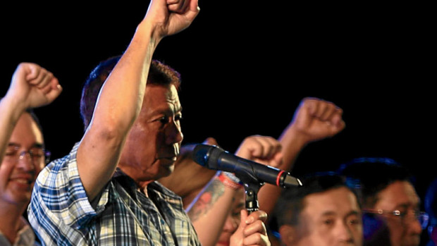 President  elect Rodrigo Duterte clenches his fist during the thanksgiving party held at Crocodile Park, Ma-a, Davao City, June 4, 2016. PHOTO BY EDWIN BACASMAS/INQUIRER FILE PHOTO