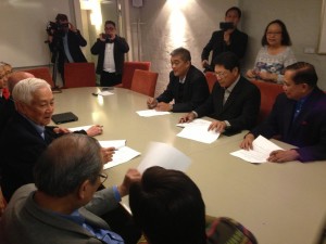 President-elect Rodrigo Duterte's peace negotiators and the National Democratic Front of the Philippines agreed in Oslo, Norway to hold formal talks in the third week of July and have listed five items in the agenda for the talks.  Facing the camera are the incoming government's representatives (from left) Hernani Braganza, Silvestre Bello III and Jesus Dureza.  (Photo courtesy of NDFP legal consultant Edre Olalia)