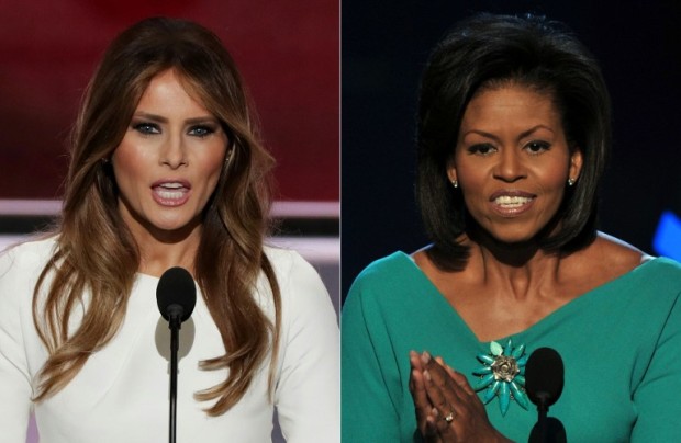 (COMBO) This combination of file pictures created on July 19, 2016 shows Melania Trump (L), wife of presumptive Republican presidential candidate Donald Trump, addressing delegates on the first day of the Republican National Convention on July 18, 2016 at Quicken Loans Arena in Cleveland, Ohio, on July 18, 2016 and Michelle Obama, wife of US Democratic presidential candidate Barack Obama, greeting the audience at the Democratic National Convention 2008 at the Pepsi Center in Denver on August 25, 2008. Donald Trump faced an embarrassing plagiarism scandal on July 19, 2016 that tarnished his wife Melania's prime-time speech to a Republican National Convention already roiled by an opening day rank-and-file revolt. It was a rough start to the four-day buildup to Trump's presidential nomination, one designed for maximum media exposure for the Republican standard bearer and his supporters.  / AFP PHOTO / ALEX WONG AND PAUL J. RICHARDS