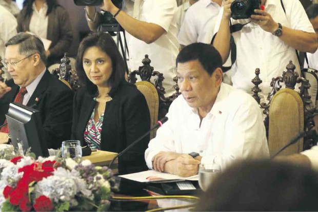 GRAVE MATTERS, COMIC FLAIR To lighten up the five-hour National Security Council meeting on Wednesday,  President Duterte used his famous comic flair, at one time spicing up the serious discussion with a reference to “the beautiful Vice President,” Leni Robredo, seated beside him.  OFFICE OF THE VICE PRESIDENT 
