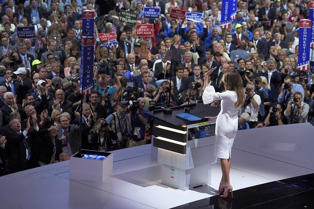 Melania Trump, wife of Republican Presidential Candidate Donald Trump waves to the delegates after her speech during the opening day of the Republican National Convention in Cleveland, Monday, July 18, 2016. AP