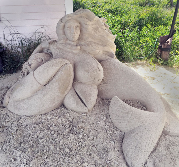 070516- Sand sculpture of a mermaid in front of Salty's seafood restaurant in Yarmouth. Photo was on the Yarmouth Police Dept. Facebook page but was removed after receiving numerous complaints.  Photo courtesy of Yarmouth Police