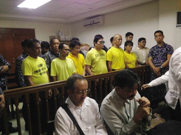 THE GROUP tagged in the June 2008 Cañete-Garay kidnapping and double murder faces the Pasay City court for the verdict on Friday. From left: Alejandro Entrolizo, Gary Pateo, former Dasmariñas, Cavite Vice Mayor Victor Carungcong, Mariano “Spider” de Leon, former  Chief Insp. Exequiel Cautiver and Chief Insp. Penelope Cautiver.   Courtesy of Movement for Restoration of Peace and Order