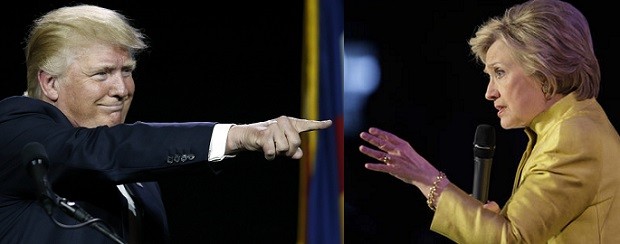 Republican presidential nominee Donald Trump (left) and Democratic frontrunner Hillary Clinton gesture on separate occasions during their campaign. The US Secret Service is investigating a Trump advisor who reportedly said that Clinton should be shot. AP FILES