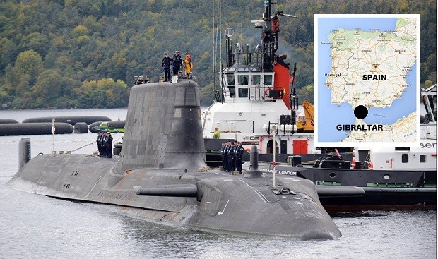 HMS Ambush, an nuclear-powered submarine of the British Navy, sits at anchor. The Astute class hunter-killer submarine, reportedly collided with a merchant ship while on drills and was forced to undergo repairs in the British territory of Gibraltar (inset). ROYAL NAVY PHOTO / GOOGLE MAPS the second of the Royal Navy’s new Astute Class submarines, HMS Ambush also returned to HMNB Clyde after a successful maiden mission. High-tech hunter-killer HMS Ambush left Faslane on July 4 to sail across the Equator to visit Rio de Janeiro in Brazil before heading for the North Atlantic and the United States.