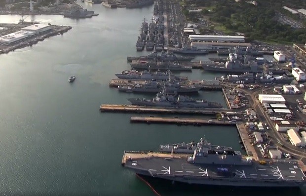 Warships from some of the militaries of 26 nations wait in port at the US Pacific Fleet headquarters in Pearl Harbor, Hawaii. SCREENGRAB FROM US PACIFIC FLEET FACEBOOK VIDEO