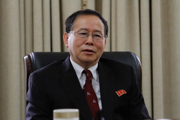 Han Song Ryol, director-general of the U.S. affairs department at North Korea's Foreign Ministry, talks during an interview with the Associated Press in Pyongyang, North Korea, Thursday, July 28, 2016. Han said that Washington "crossed the red line" and effectively declared war by putting leader Kim Jung Un on its list of sanctioned individuals and said a vicious showdown could erupt if the U.S. and South Korea hold annual war games as planned next month. (AP Photo/Kim Kwang Hyon)