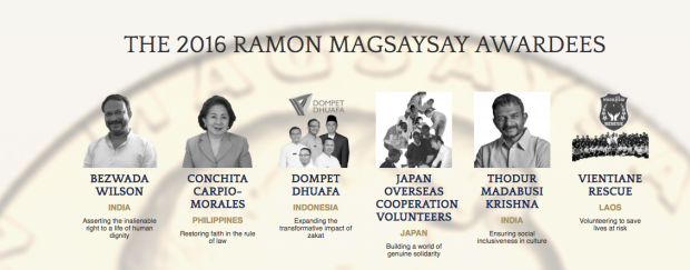 The  six receipients of the 2016 Ramon Magsaysay Awards.