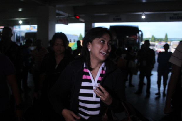 Vice President Leni Robredo arrives at the Naga Central Bus Terminal at 5:30 a.m. on Saturday (July 2), her first trip by bus after her inauguration as Vice President of the Philippines. Photo by Juan Escandor Jr./Inquirer Southern Luzon