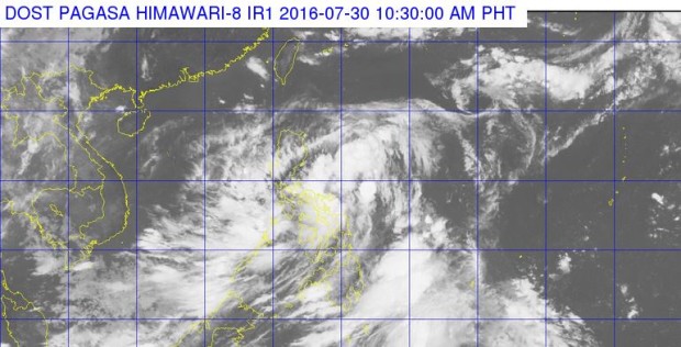 This satellite image from Pagasa shows the location of tropical depression Carina as of 10:30 a.m. 