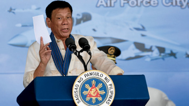 President Rodrigo Duterte speaks during the 69th founding anniversary of the Philippine Air Force in Clark, Pampanga, on July 5. JOAN BONDOC/INQUIRER