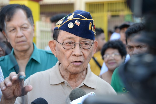 MAY 9, 2016 Former President Fidel Ramos talks to reporters after voting in Asingan, Pangasinan.  (Photo by Roger Tingle/Contributor)