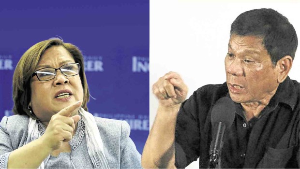 SEETHING WITH ANGER Sen. Leila de Lima (left) cries “character assassination” in reaction to President Duterte’s latest charge that her driver collected drug payoffs for her. INQUIRER FILE PHOTOS