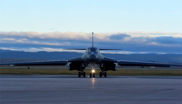 A B-1 Lancer prepares for takeoff at Ellsworth Air Force Base, S.D., Sept. 18, 2015. Ellsworth aircraft began conducting training missions in the Powder River Training Complex, allowing for an 85 percent increase in local flight training, ensuring more efficient use of resources. (U.S. Air Force photo by Airman 1st Class James L. Miller/ Released) 