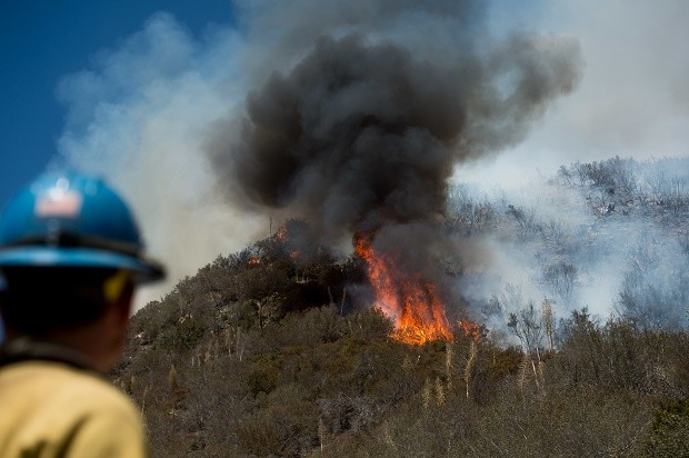 Firefighter Tyler Jaquess of the Del Rosa Hot Shots monitors the Blue Cut fire as it burns in Upper Lytle Creek near Wrightwood, Calif., on Friday, Aug. 19, 2016. Firefighters were on the offensive Friday as they worked to expand significant gains against a huge wildfire that chased thousands of people from their homes in Southern California. AP