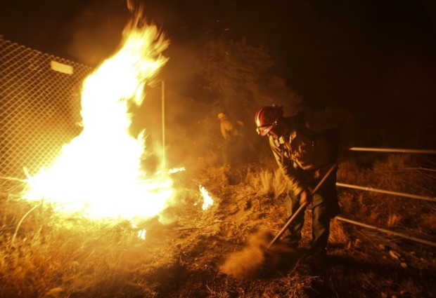 A firefighter battles the Blue Cut wildfire burning near Cajon Pass, north of San Bernardino, California on August 16, 2016.  A rapidly spreading fire raging east of Los Angeles forced the evacuation of more than 82,000 people on August 16 as the governor of California declared a state of emergency. Despite the efforts of 1,250 firefighters with more on the way, none of the inferno was contained as of late on August 16 , state firefighting agency Cal Fire spokeswoman Lynne Tolmachoff told AFP. The wildfire poses "imminent threat to public safety, rail traffic and structures," according to the website, which said 82,640 people fell under an evacuation warning. / AFP PHOTO / RINGO CHIU