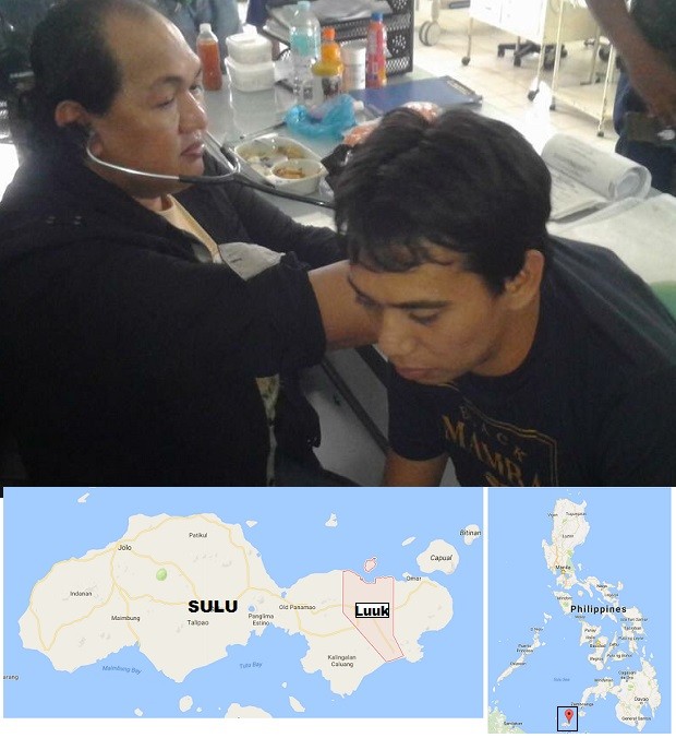 Indonesian Mohammad Safyan is examined by Dr. Raden Ikbala after he escaped his Abu Sayyaf captors on Wednesday. Safyan fled when he was taken by the bandits to a mangrove area in Luuk, Sulu, (map) where his captors reportedly threatened to behead him. JULIE ALIKPALA / GOOGLE MAP
