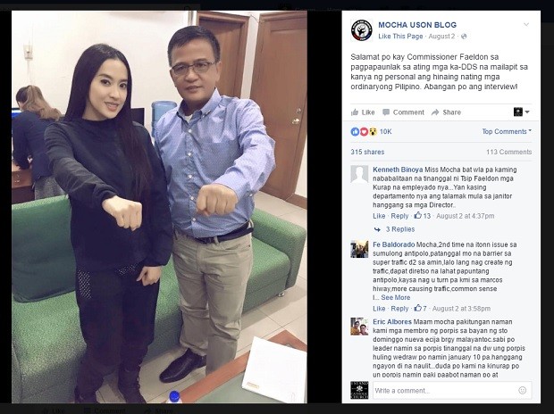 Blogger Mocha Uson (left) poses with Customs Commissioner Nick Faeldon in this post on her Facebook page posted on August 2, 2016. MOCHA USON FACEBOOK PAGE SCREENGRAB