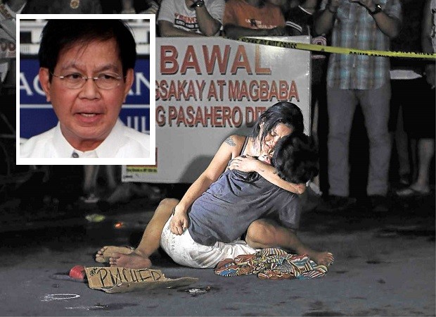 Senator Panfilo Lacson (inset) expressed disagreement with President Rodrigo Duterte when the Chief Executive criticized media coming out with the dramatic picture of a slain drug suspect. Lacson said Duterte should have ordered a probe instead. INQUIRER FILE / RAFFY LERMA