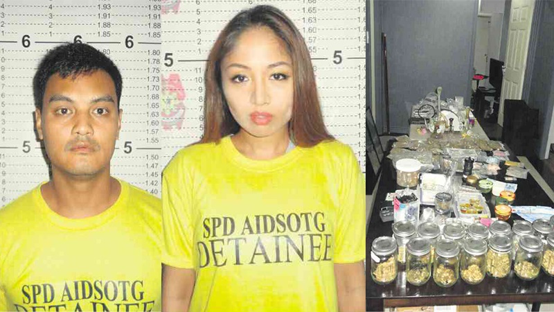 DRUG suspects Karen Bordador and Emilio Lim have their mug shots taken at the Southern Police District following the Aug. 13 operation that caught them allegedly keeping a stash of ecstacy pills and marijuana at a Pasig City condo unit. SPD PHOTOS