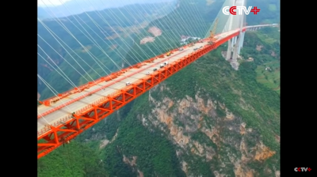 China's Beipanjiang Bridge is set to become the world's highest bridge. SCREENGRAB FROM CCTV NETWORK'S YOUTUBE VIDEO