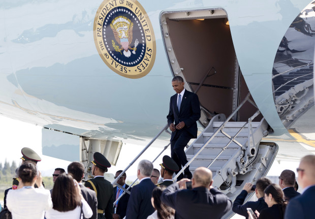U.S. President Barack Obama steps off Air Force One using an alternative set of stairs after Chinese officials at the Hangzhou Xiaoshan International Airport in Zhejiang province failed to provide stairs, Saturday, Sept. 3, 2016. Moments later, US and Chinese officials engaged in an argument over protocol in handling Obama. A Chinese officials was heard shouting at a US official, 'This is our country! This is our airport!' AP