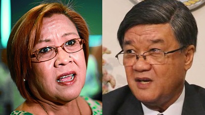 Justice Secretary Vitaliano Aguirre (right) on Wednesday belied claims that the witnesses he presented against Sen. Leila de Lima (left) were 'rehearsed.' INQUIRER FILES