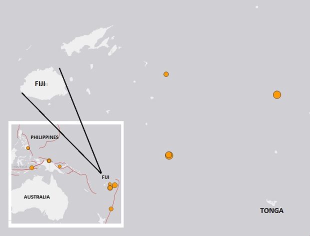 The US Geological Society said three successive quakes hit off Fiji and Tonga in the South Pacific. USGS MAP