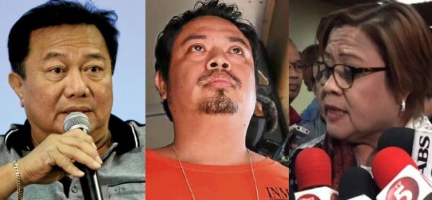 Speaker Pantaleon Alvarez (left) suspects that the riot at the Bilibid that hurt inmate Jaybee Sebastian (center) could be meant to silence him. Sebastian has been set to testify in the House probe into the alleged illegal drug trade inside the penitentiary allegedly with the blessing of then Justice Secretary-now-Senator Leila de Lima (right). INQUIRER FILES