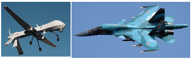Russian and US officials are both claiming the kill on Abu Mohamed al-Adnani, ISIS spokesperson and a key jihadi figure. A US official says Adnani was killed by a US Predator drone (left), while Russia claims a bombing run by its SU-34 fighter (right) hit the terrorist. US AIR FORCE PHOTO / MINISTRY OF DEFENSE OF THE RUSSIAN FEDERATION PHOTO