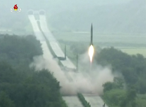 In this undated image made from video distributed on Tuesday, Sept. 6, 2016, by North Korean broadcaster KRT,  a missile is launched during a drill at an undisclosed location in North Korea. North Korea on Monday, Sept. 5, 2016, fired three medium-range missiles that traveled about 1,000 kilometers (620 miles) and landed near Japan in an apparent show of force timed to coincide with the G-20 economic summit in China, South Korean officials said.  (KRT via AP)