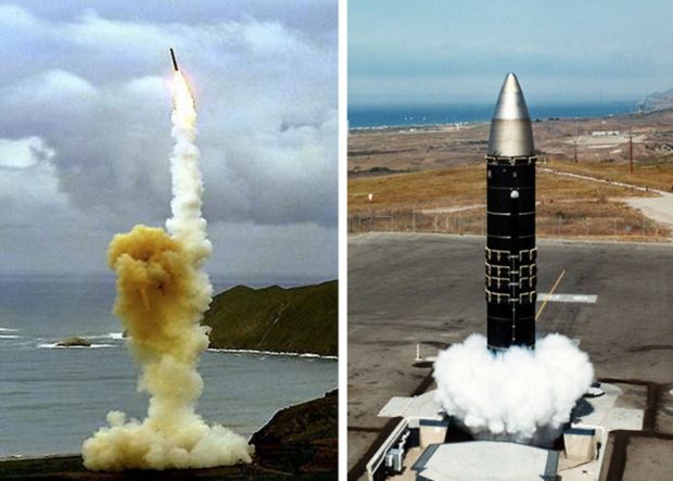 This 28 March, 2004 composite image shows the LGM-30G Minuteman intercontinental ballistic missile (ICBM) (L) and the LG-118A Peacekeeper missile(R). The US military announced 26 March that it will upgrade its Minuteman III intercontinental ballistic missiles while retiring its Peacekeeper missile force. The larger, multinuclear-warhead-carrying Peacekeeper ICBMs are being decommissioned as part of the Moscow Treaty brokered between the United States and Russia in May 2002. AFP PHOTO/US DoD / AFP PHOTO / DOD / DOD