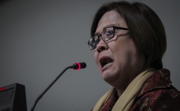 Senator Leila De Lima gestures during a press conference she called at the Senate.  De Lima challenged President Rodrigo Duterte to arrest her immediately on the basis of her alleged links to illegal drug trade in the national penitentiary. PHOTO BY JOSEPH VIDAL / PRIB