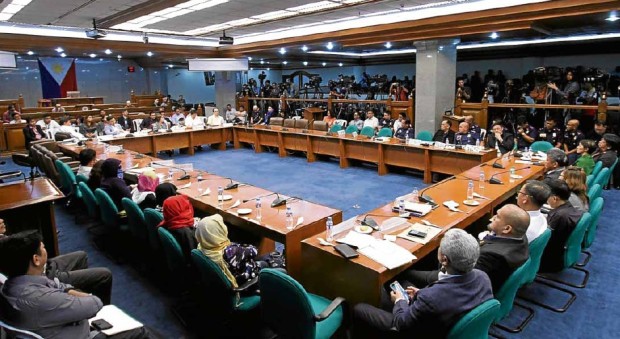 SENATE PROBE The Senate committee headed by Sen. Leila de Lima, a staunch critic of President Duterte, hears the testimony of Edgar Matobato, a confessed hit man from Davao City, as it continues to investigate alleged extrajudicial killings in the Duterte administration’s brutal campaign against illegal drugs. RICHARD A. REYES