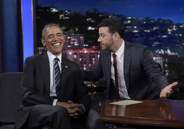 President Barack Obama talks with Jimmy Kimmel in between taping segments of Jimmy Kimmel Live! at the El Capitan Entertainment Center in Los Angeles, Monday, Oct. 24, 2016. (AP Photo/Susan Walsh)